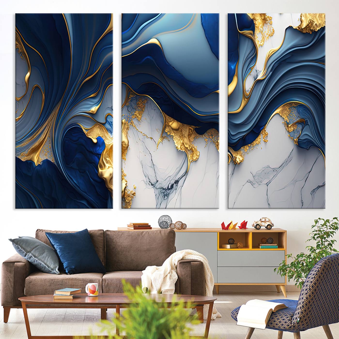 Canvas art with swirling blue marble and gold textures, ideal for elegant glam or modern luxury interior design settings.