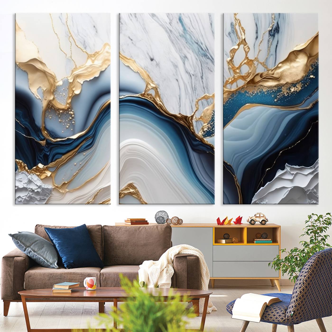 Abstract canvas with blue marble textures and flowing gold veins, ideal for modern luxury or coastal-inspired interior decor.