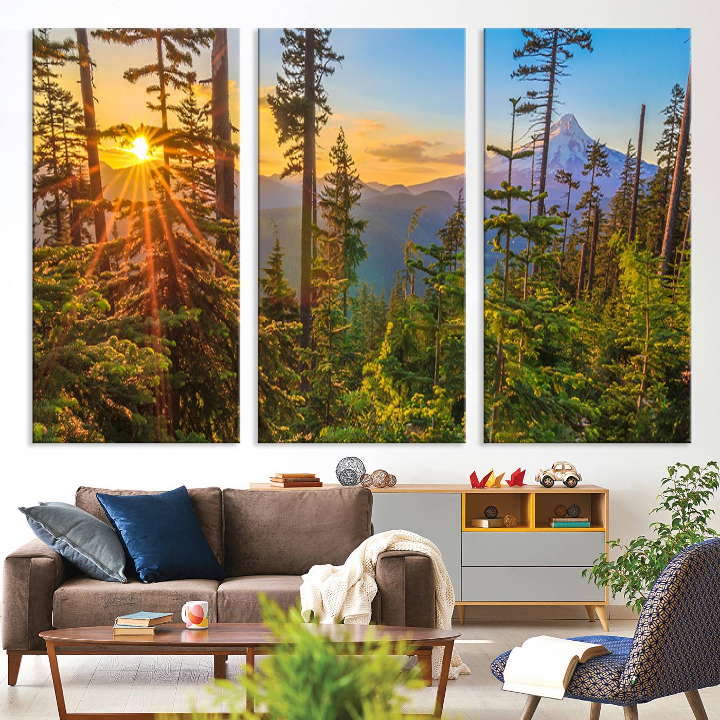 Colorful canvas of Mount Hood and Oregon forest at sunset, featuring sunburst light and lush pine trees for rustic nature decor.