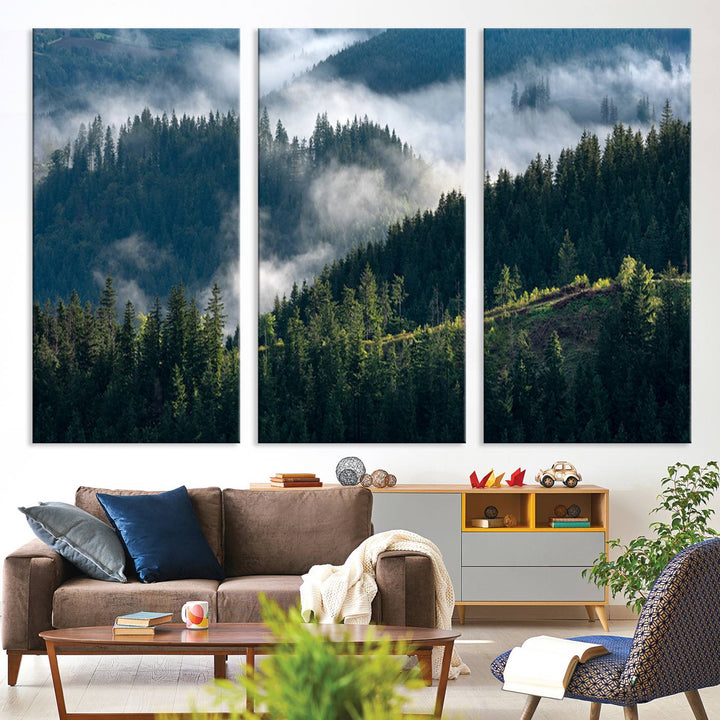 Moody canvas of misty pine forests over layered hills, perfect for cool-toned nature-inspired or woodland-style home decor.