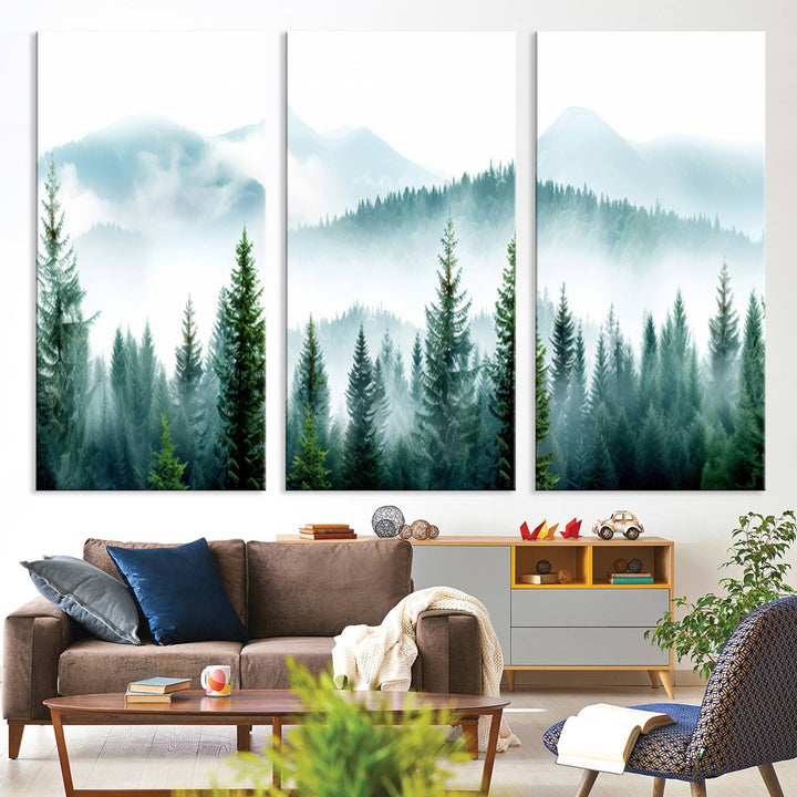 16716676-MGV-CV-36X24-Pine Forest Wall Art Canvas Print, Framed Misty Mountains Art Picture Print, Foggy Trees Perfect Moody Forest Decor Artwork