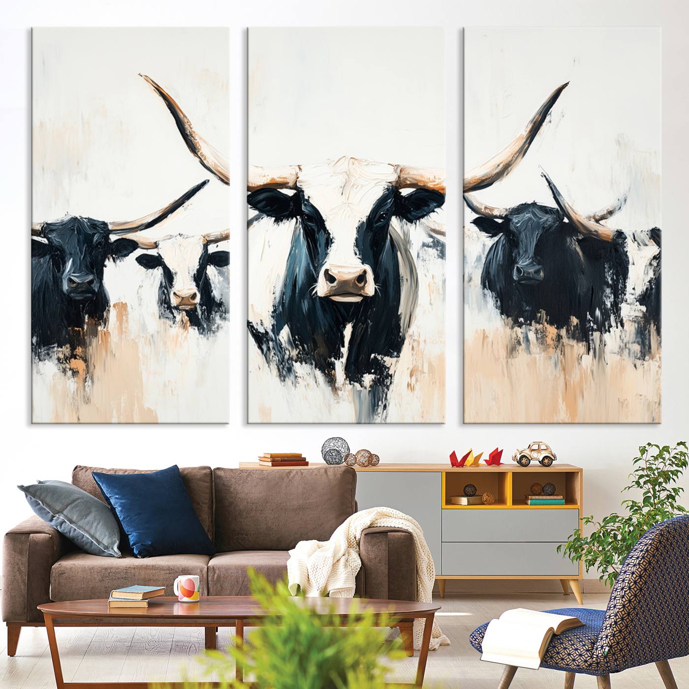 94780606-MGV-CV-36X24-Texas Longhorn Wall Art Canvas Print, Framed Western Cattle Art Picture Print, Horned Bull Perfect Rustic Western Decor, Western Cattle