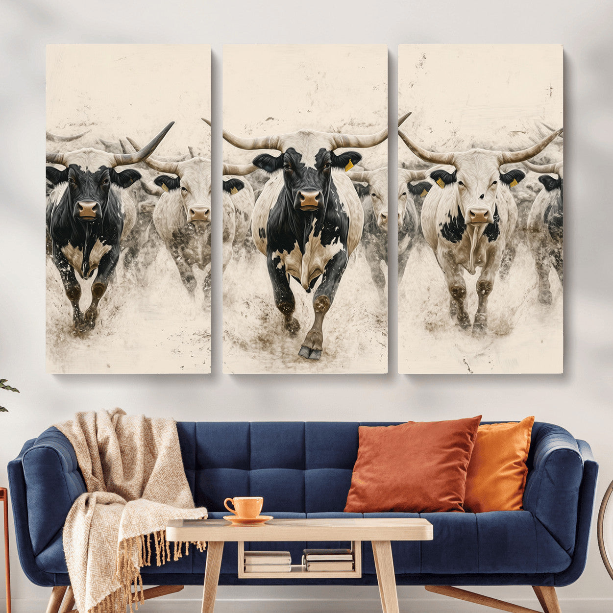 MGV-CV-48X32-3P - Cream Dust Longhorn Wall Art – Canvas Print of Western Herd Stampede, Dynamic Charge, Rustic Prairie Motion, Bold Nature Farm Decor