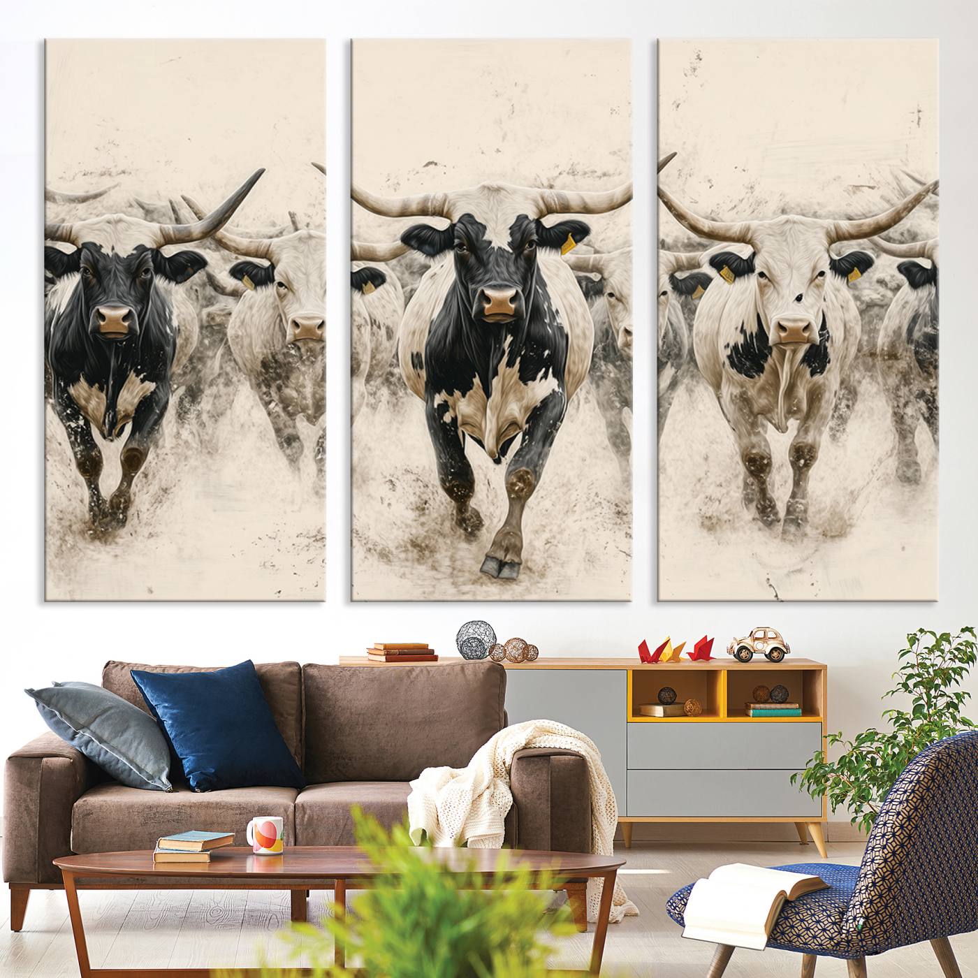 Canvas artwork of Texas Longhorn bulls walking in a dusty herd, ideal for rustic Western or country-style interior decor.