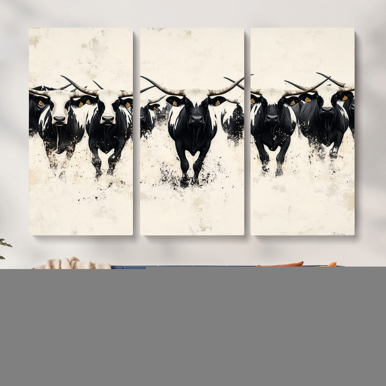 MGV-CV-48X32-3P - Longhorn Cattle Wall Art – Canvas Print of Herd in Motion, Symmetry and Ink Splatter, Minimalist Western Ranch, Bold Rustic Farm Decor