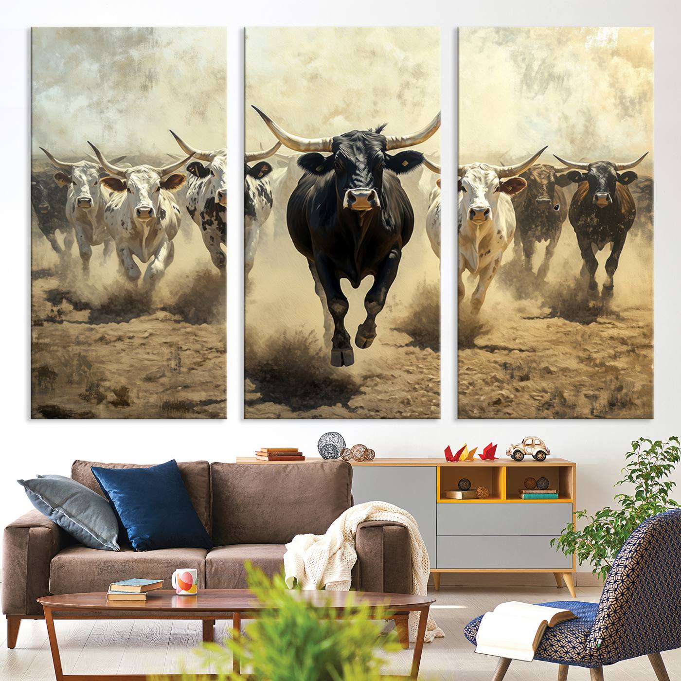 Dynamic canvas showing a Texas Longhorn stampede with earthy tones and bold movement, perfect for rustic or Western-style interiors.