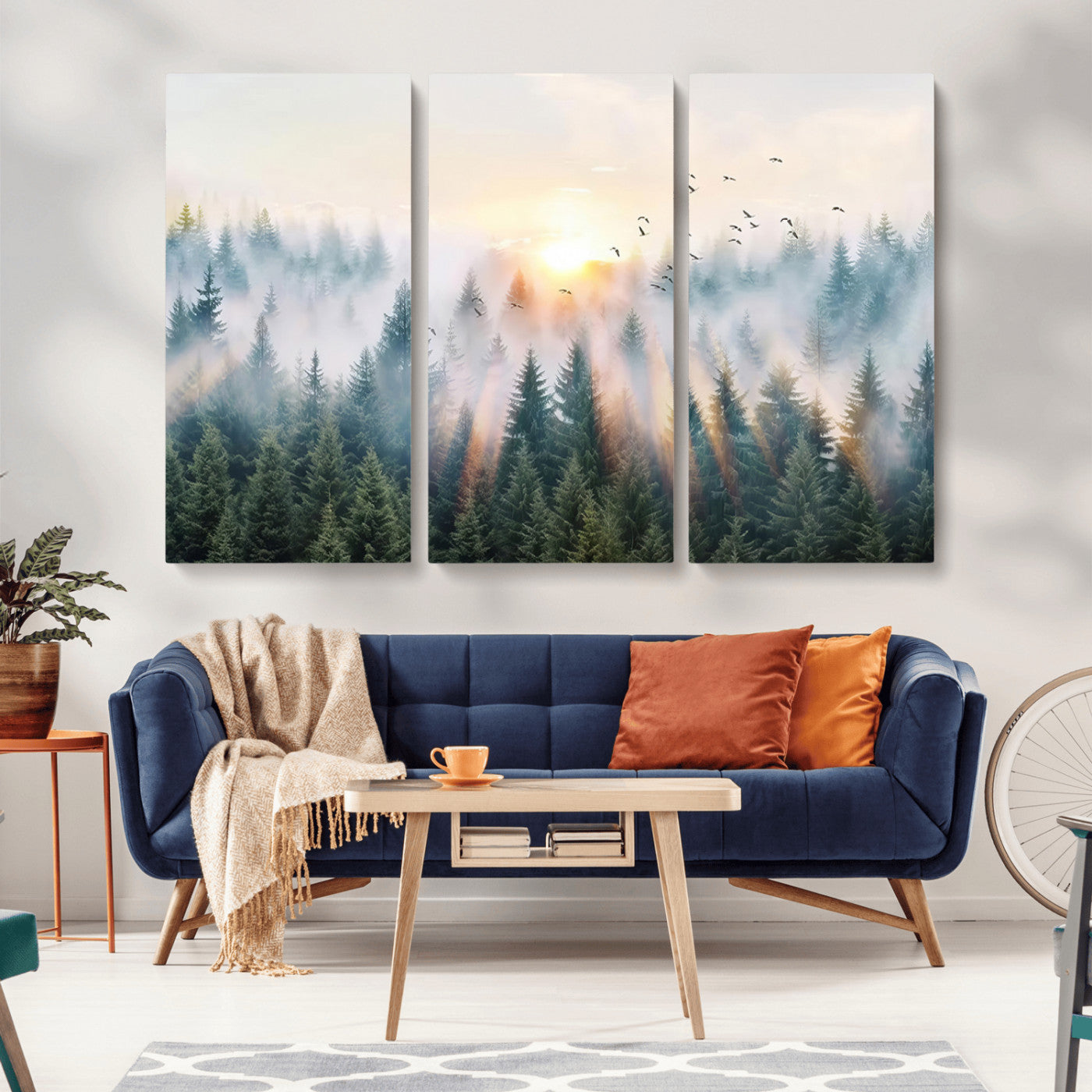 MGV-CV-48X32-3P - Misty Pine Forest Wall Art Canvas, Sunrise Over Foggy Trees Canvas for Home - Office, Framed