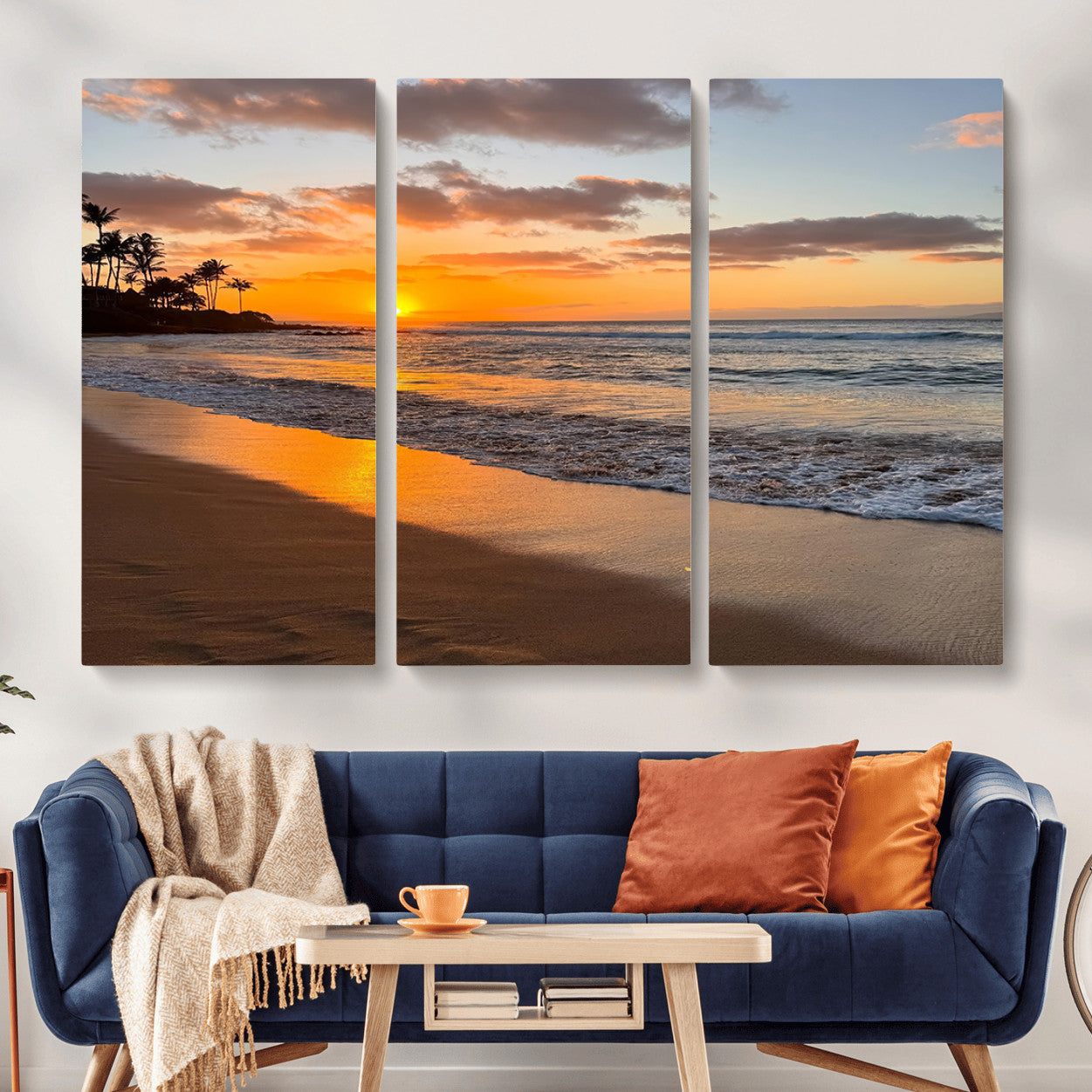 MGV-CV-48X32-3P - Sunset Glow Wall Art – Canvas Print of Ocean Breeze, Golden Sand, Tropical Palm Silhouettes, Tranquil Waves, Beach Nature Decor for Home