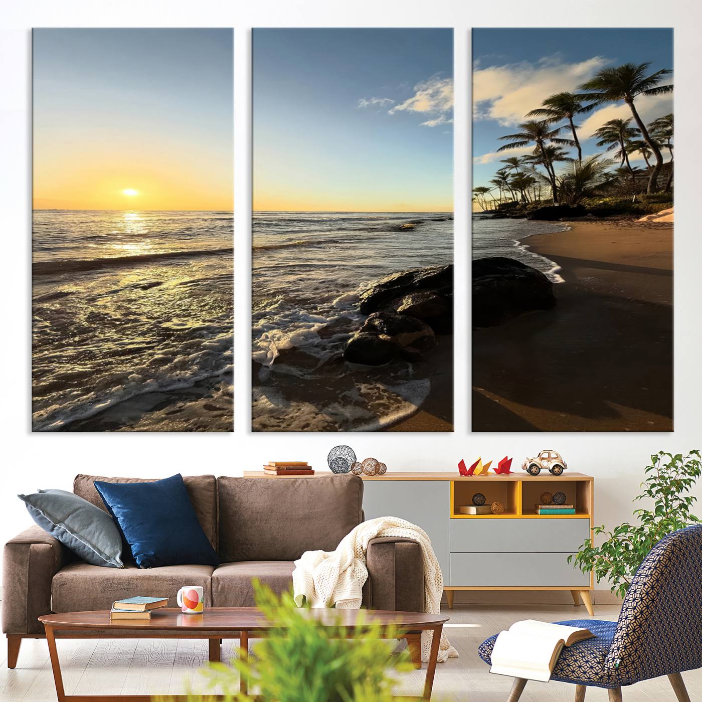 Canvas of a golden sunset on a tropical beach with palm trees and calm waves, perfect for coastal or island-themed home decor.
