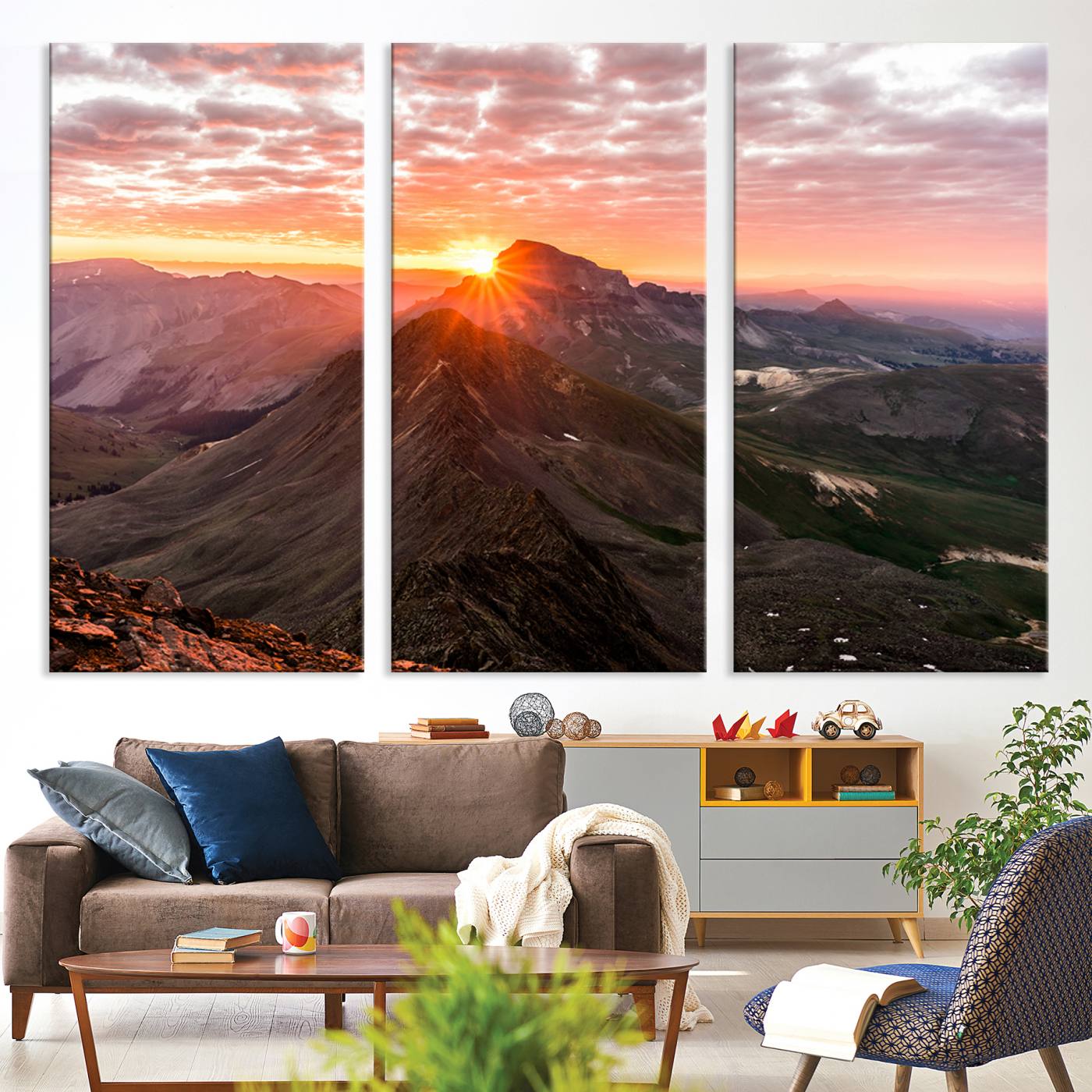 Canvas showing a mountain ridge at sunrise with golden light and dramatic clouds, perfect for nature or rustic-inspired wall decor.