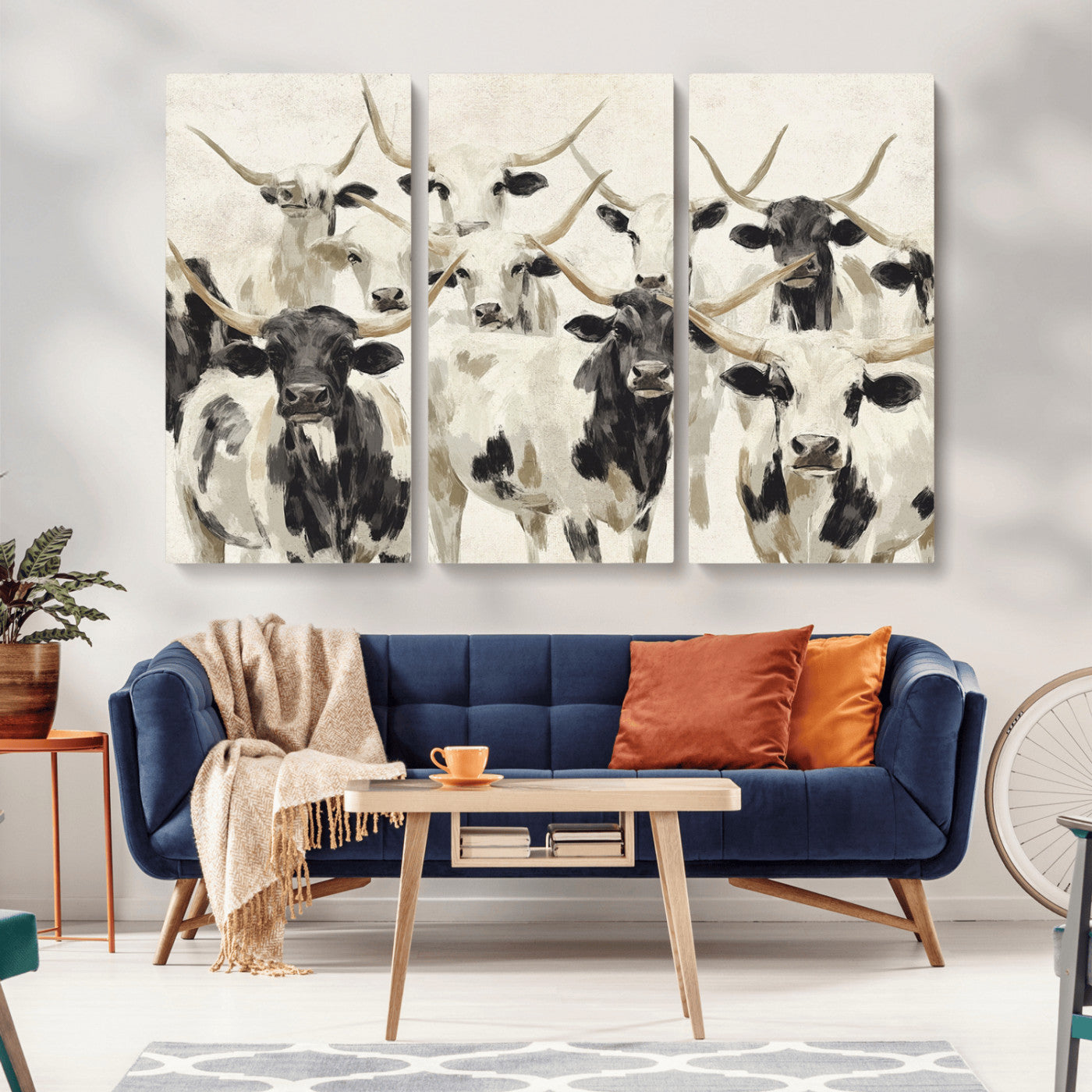 MGV-CV-48X32-3P - Longhorn Texas Cow Drawing Abstract Wall Art Canvas Print for Farmhouse Decor, Texas Bull Printing