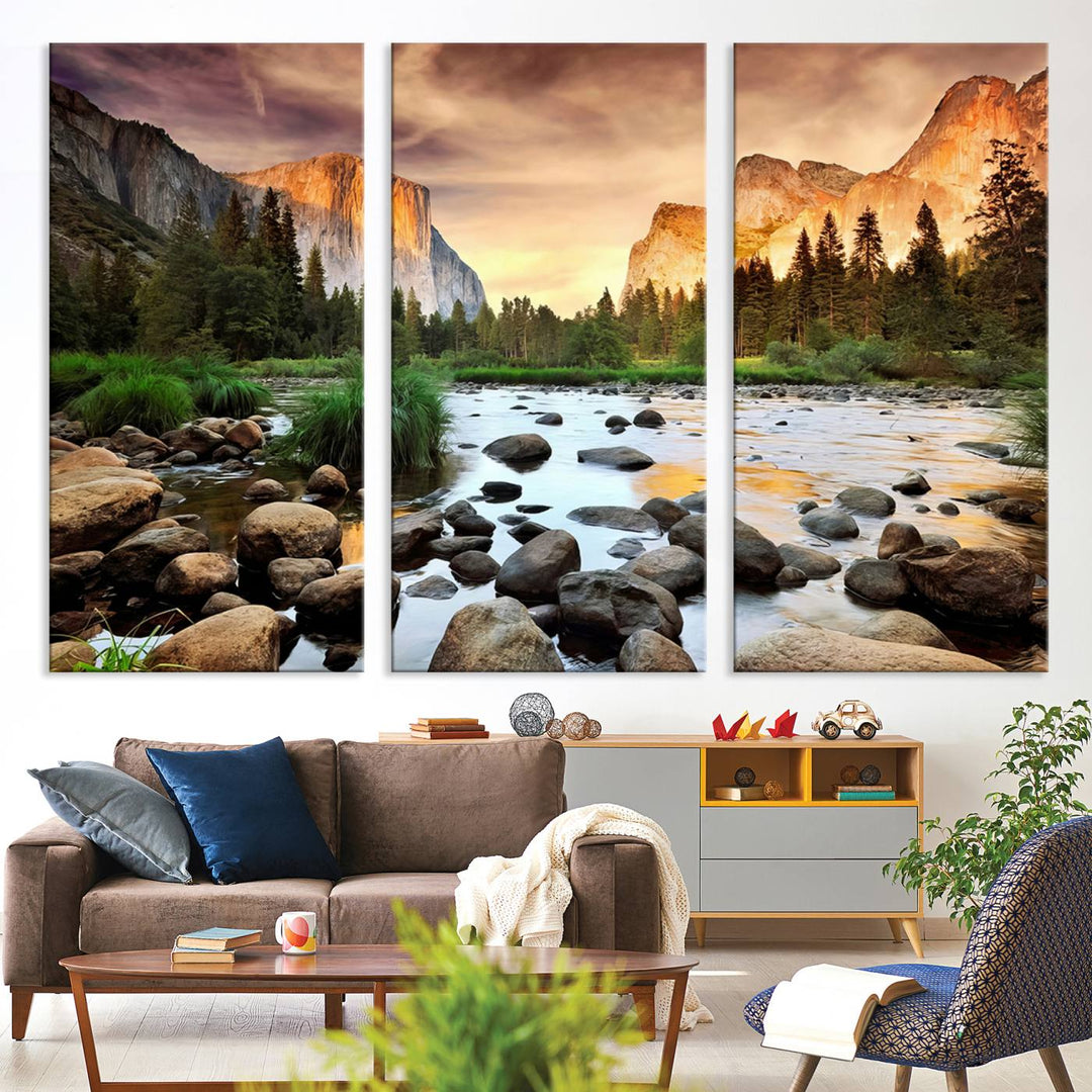 A tranquil riverside sunset mirrors the beauty of a Yosemite wall art masterpiece like the Large El Capitan Print.