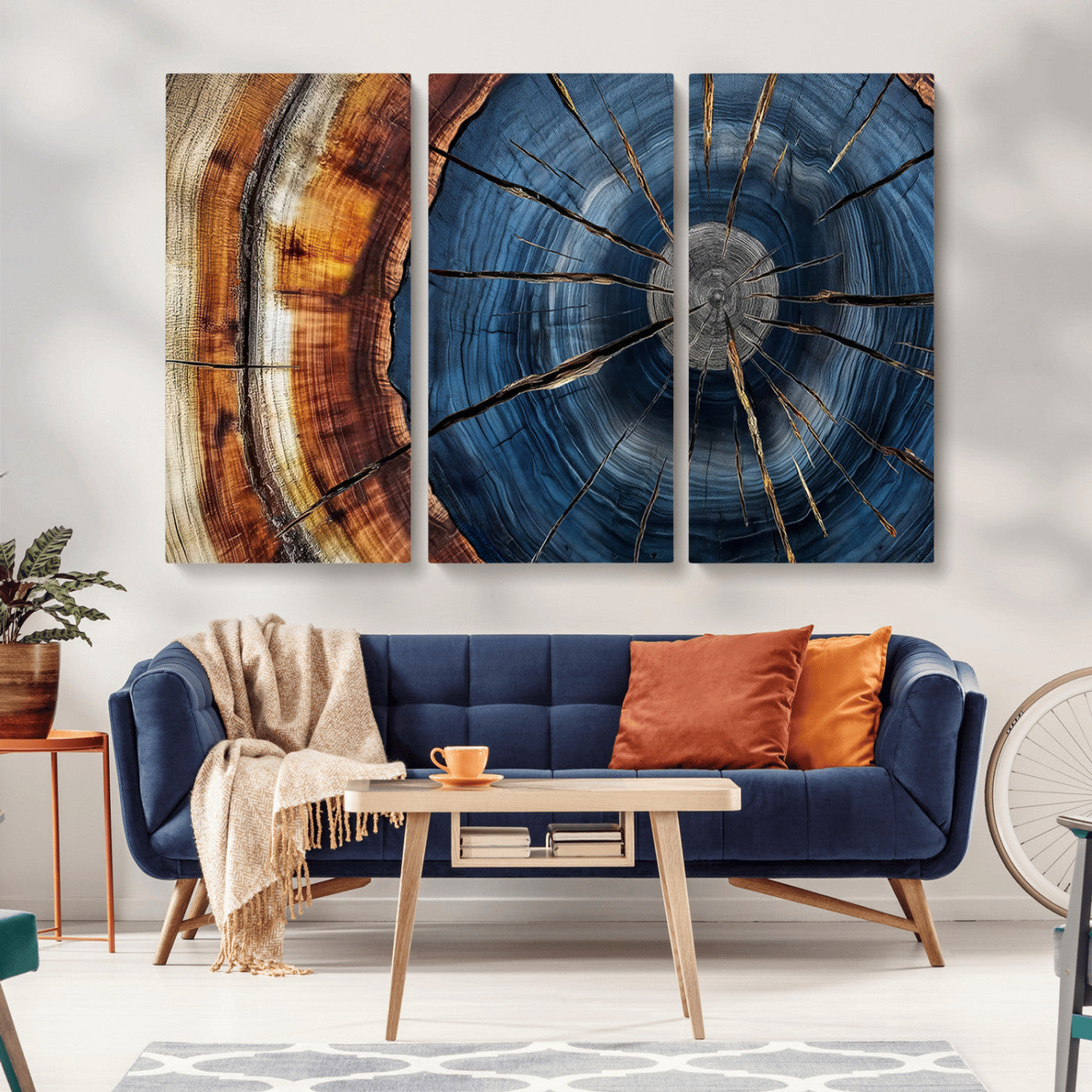 MGV-CV-48X32-3P - Framed Abstract Tree Ring Wall Art Print, Natural Rustic Wood Texture Canvas Print, Wood Tree Stump