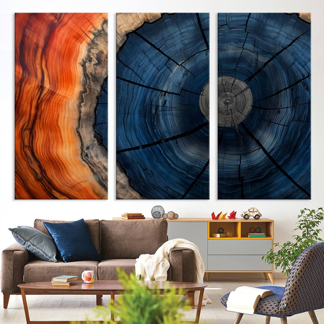 Abstract Tree Rings Canvas Print with vibrant colors—ideal farmhouse wall art for a woodland-themed home.