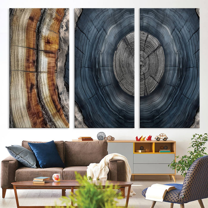 Close-up of the Abstract Tree Rings Wall Art Print featuring shades of blue, brown, and gray.