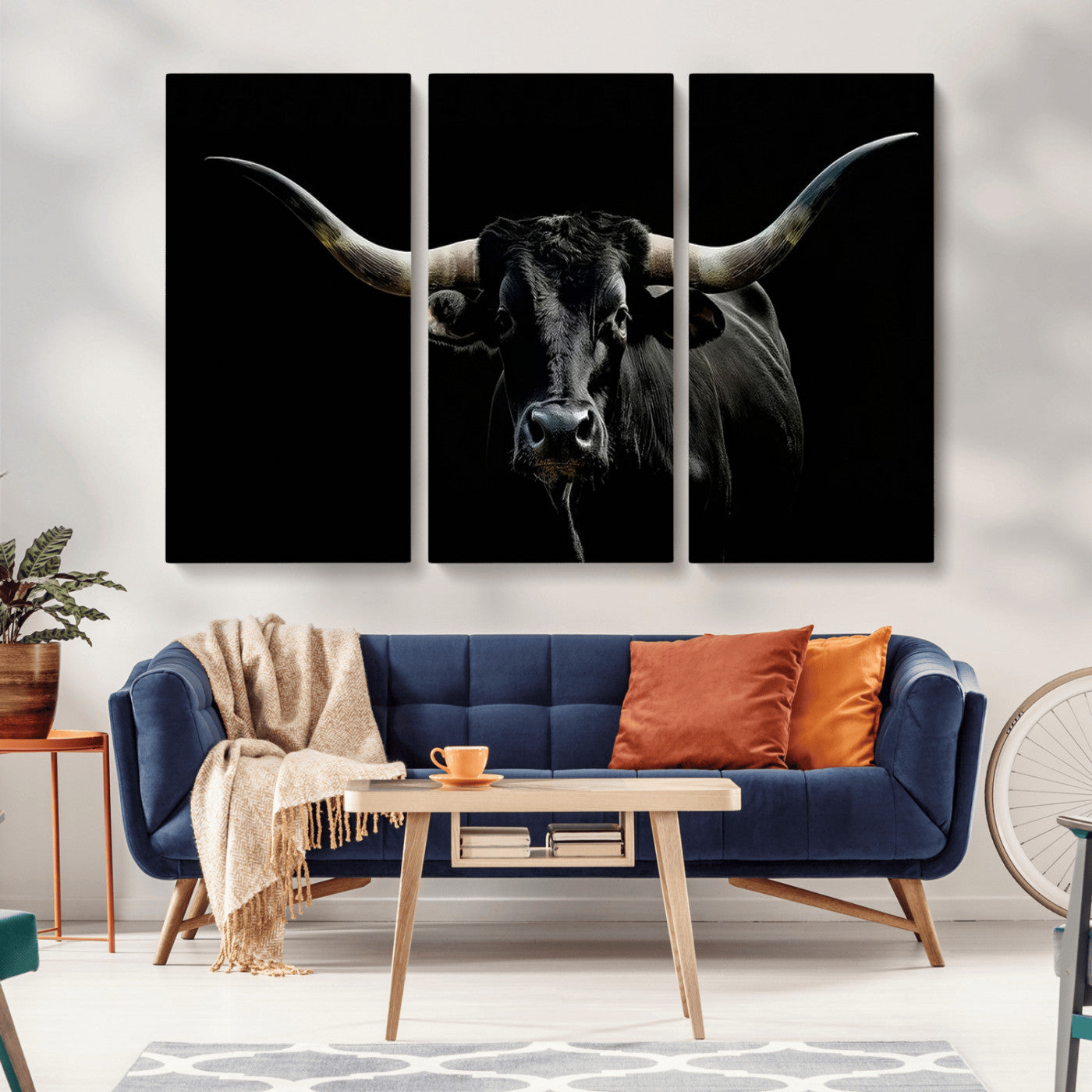 MGV-CV-48X32-3P - Texas Black Bull Wall Art Print, Longhorn Bull Canvas Wall Art