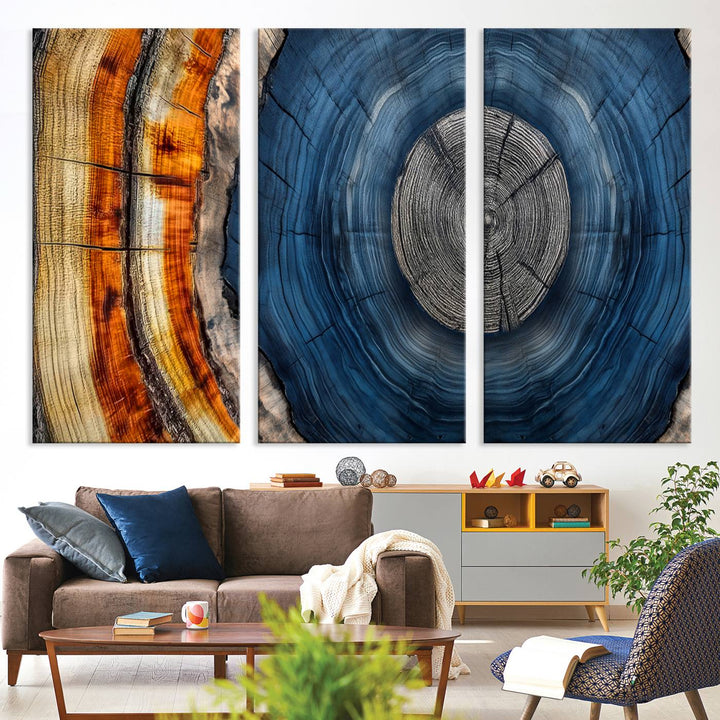 Vibrant Abstract Tree Rings in Orange, Brown, and Blue - Canvas Print for Nature Woodland Wall Decor.