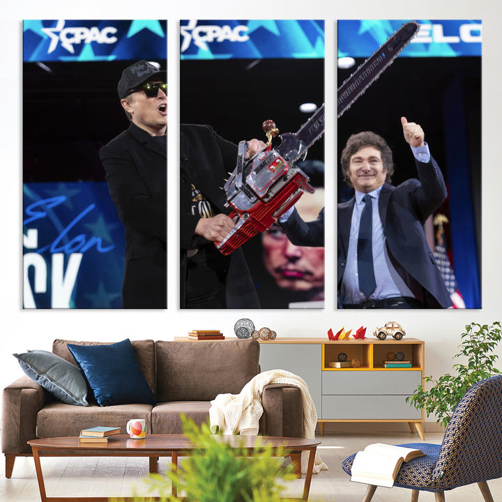 The wall art in the living room is an Elon Musk Chainsaw Art Print, depicting two men with chainsaws on stage in front of a vibrant crowd.