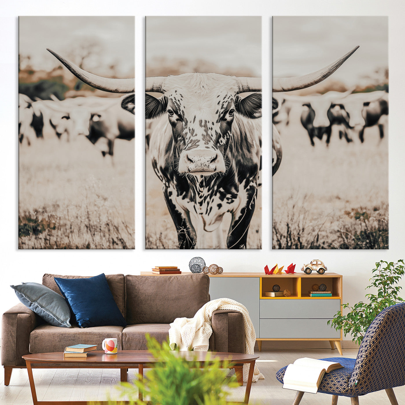 27497342-MGV-CV-36X24-Texas Longhorn Wall Art Canvas Print, Framed Speckled Cow Art Picture Print, Horned Cattle Perfect Rustic Western Decor Artwork
