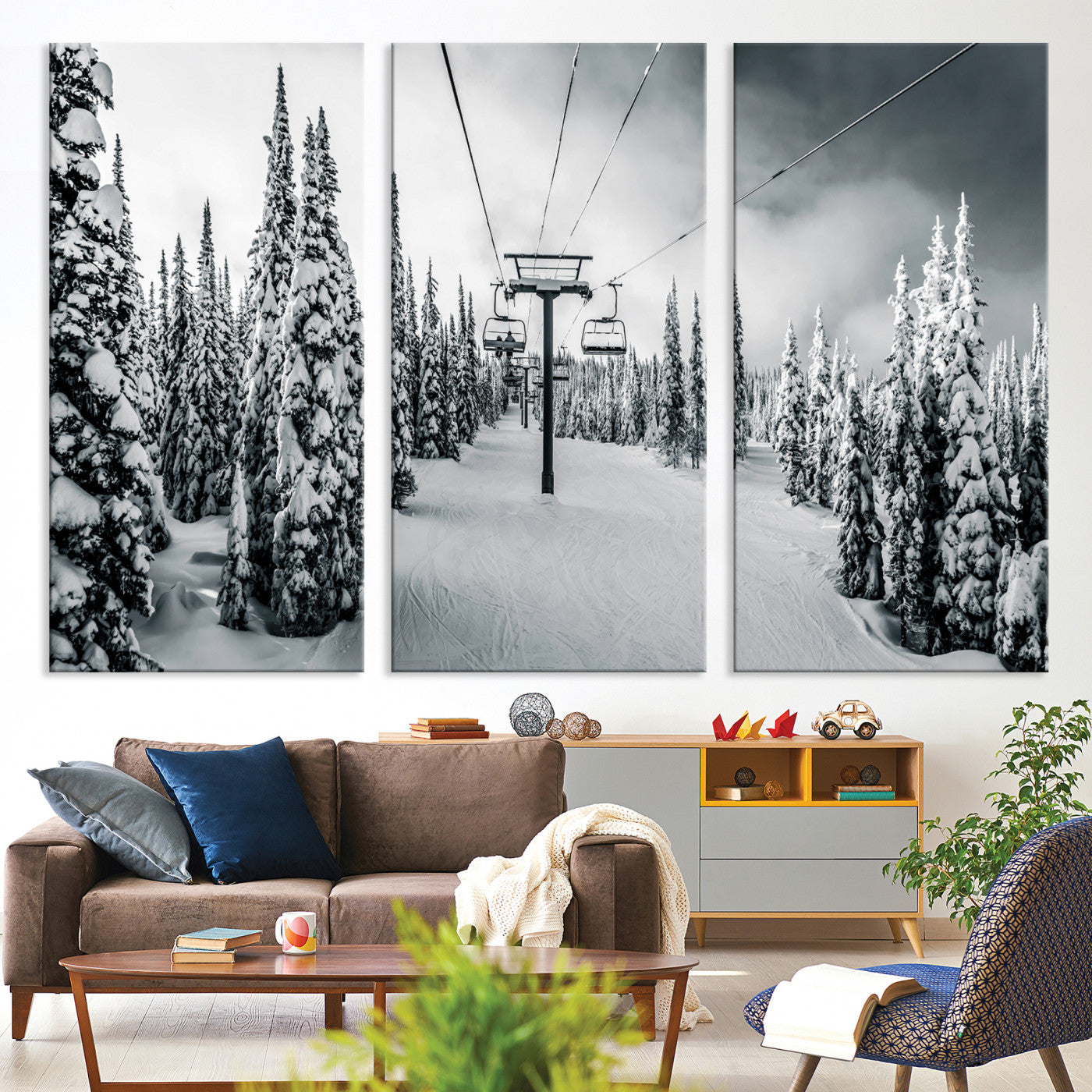 31156828-MGV-CV-36X24-Snowy Pines Wall Art Canvas Print, Framed Ski Lift Art Picture Print, Winter Forest Perfect Moody Lodge Decor, Ski Lift Wall Art Canvas