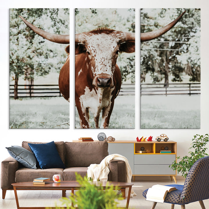 Texas Longhorn Wall Art Canvas Print, Framed Spotted Cow Art Picture Print, Horned Cattle Perfect Rustic Western Decor, Framed Horned Cattle Print