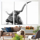 64392617-MGV-CV-36X24-Longhorn Wall Art Wall Art Canvas Print, Framed Modern Ranch Style Art Art Picture Print, Monochrome Cow Print Perfect Rustic Western Decor