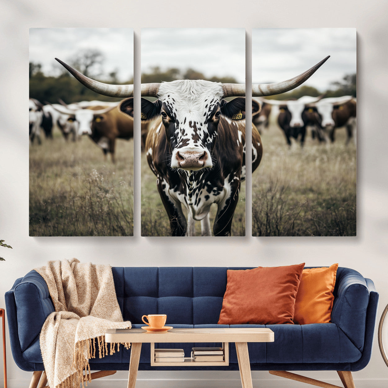 MGV-CV-48X32-3P - Majestic Longhorn Cow Wall Art – Canvas Print of Intricate Fur & Sharp Horns Earthy Tones Serene Landscape, Rustic Charm Decor for Living Room, Office or Bedroom