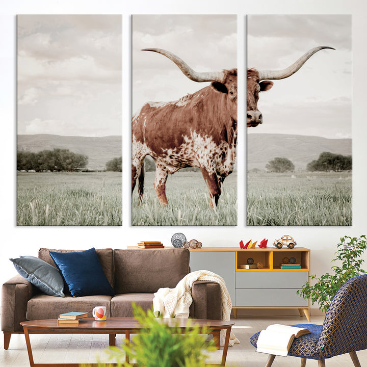 Texas Longhorn Wall Art Canvas Print, Framed Spotted Cattle Art Picture Print, Horned Bull Perfect Rustic Western Decor Artwork