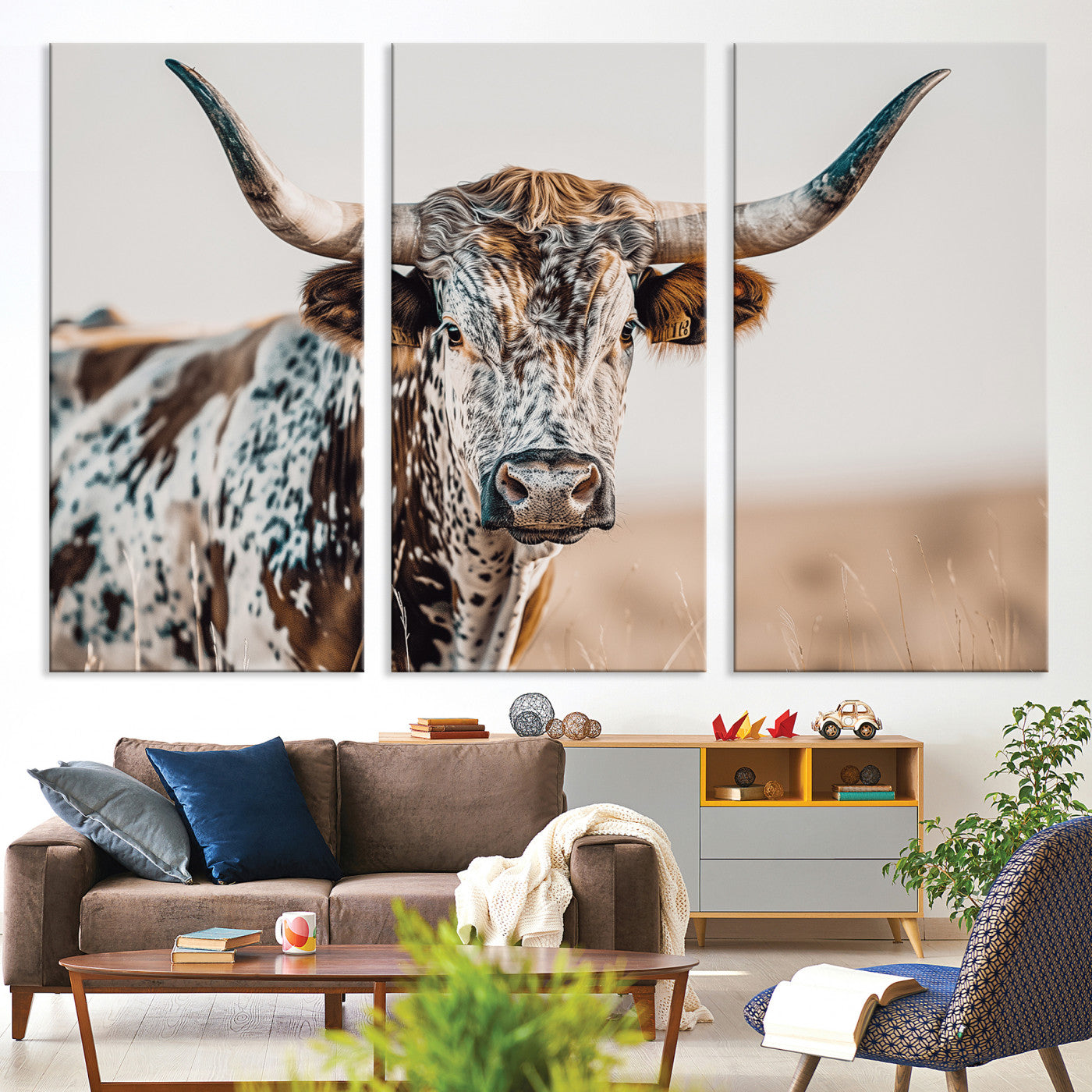 Canvas of a speckled Texas longhorn with wide curved horns and warm tones, perfect for rustic or country-style wall decor.