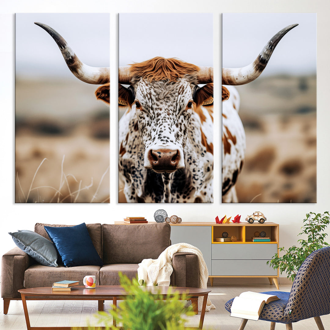 Texas Longhorn Wall Art Canvas Print, Framed Spotted Cow Art Picture Print, Horned Cattle Perfect Rustic Western Decor Artwork