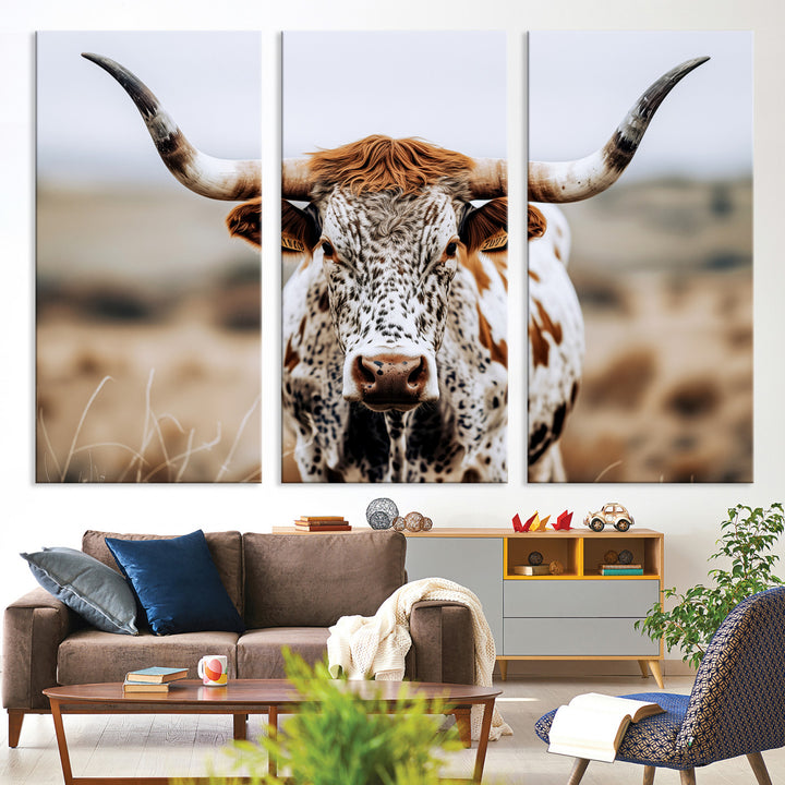 Texas Longhorn Wall Art Canvas Print, Framed Spotted Cow Art Picture Print, Horned Cattle Perfect Rustic Western Decor Artwork