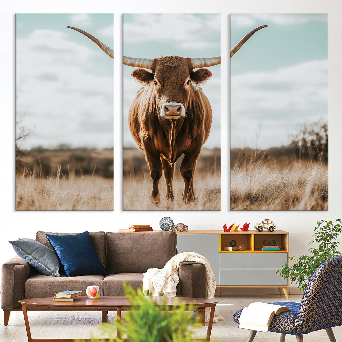 Texas Longhorn standing in a golden prairie under soft skies, ideal for rustic or western-style decor with warm natural tones.