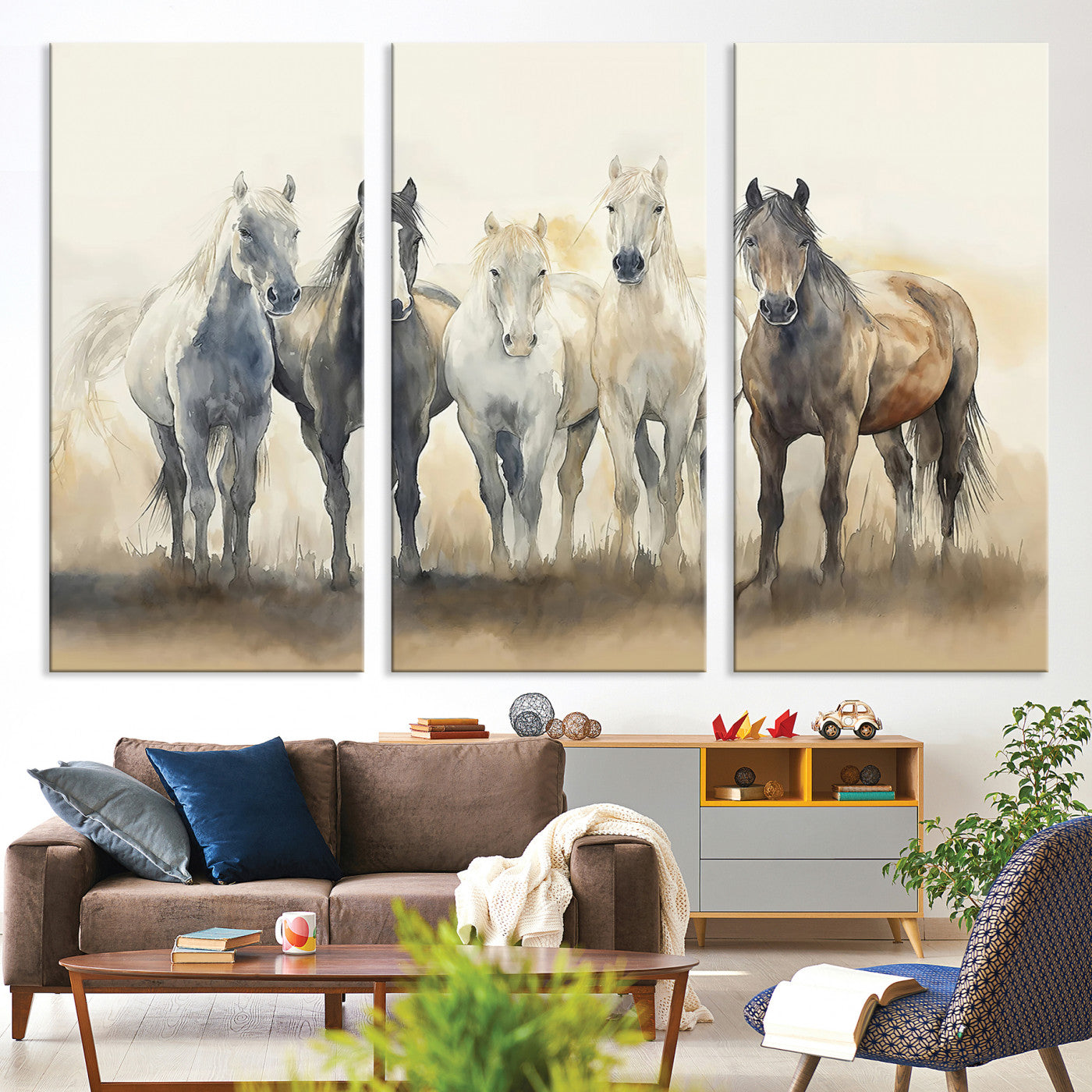 Watercolor illustration of five wild horses in soft neutral tones, perfect for rustic or western-style home decor with a calming natural vibe.