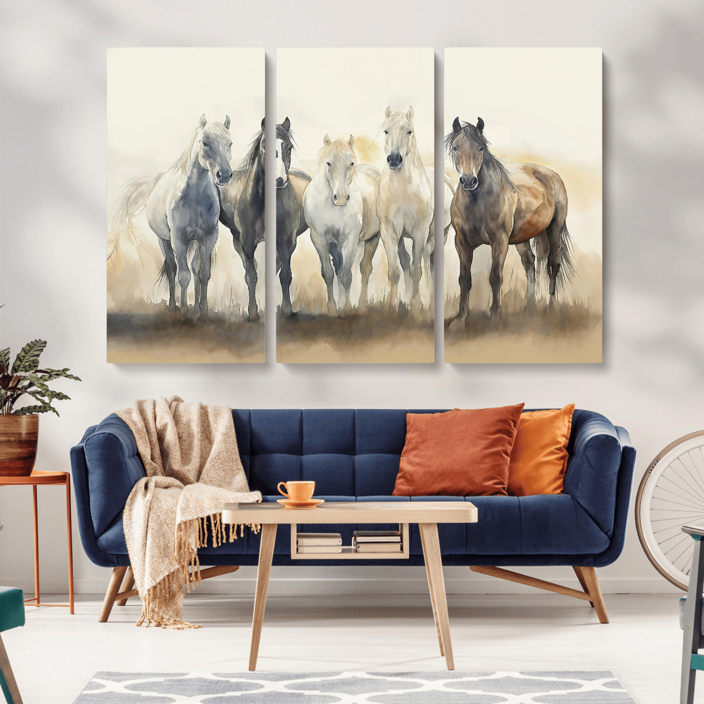 MGV-CV-48X32-3P - Wild Horses Wall Art Canvas Print, Framed Running Horses Art Picture Print, Watercolor Horses Perfect Rustic Western Decor Artwork