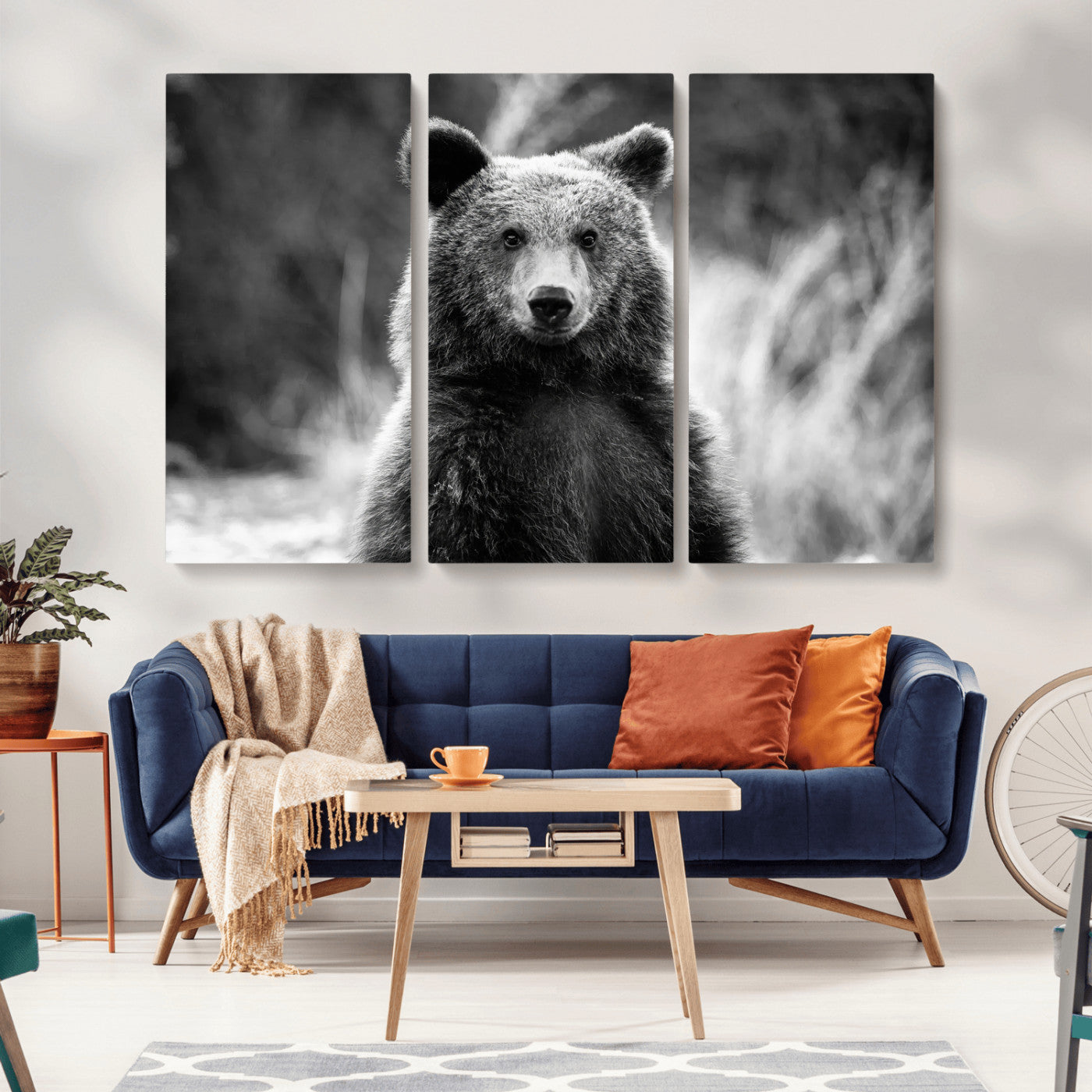 MGV-CV-48X32-3P - Grizzly Bear Wall Art Canvas Print, Framed Black White Bear Art Picture Print, Wild Bear Perfect Rustic Wildlife Decor Artwork