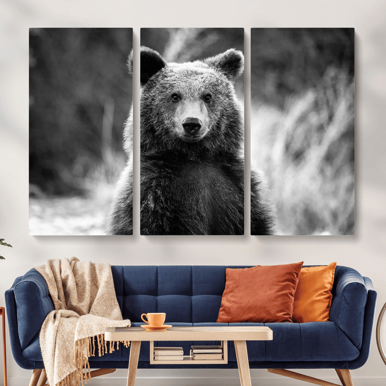 55656803-MGV-CV-36X24-Grizzly Bear Wall Art Canvas Print – Framed Black White Wildlife Rustic Nature Artwork for Home, Office Decor