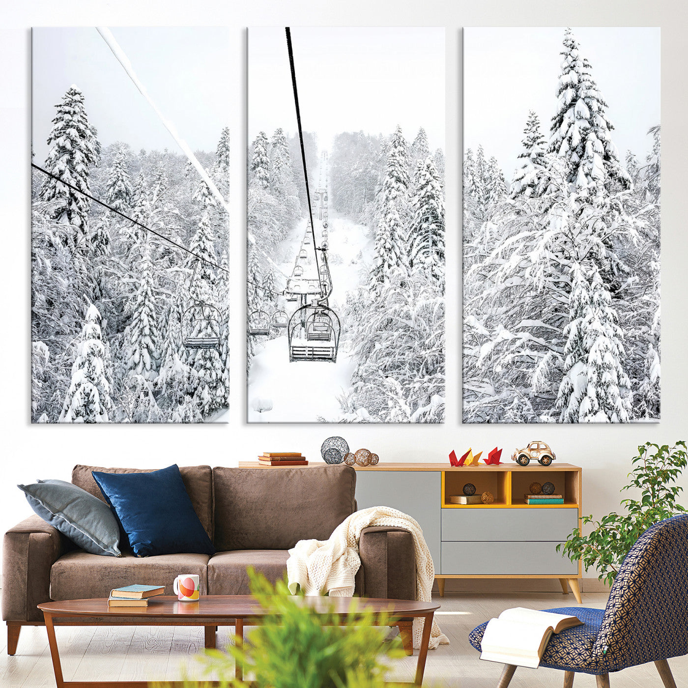 60296839-MGV-CV-36X24-Snowy Mountains Wall Art Canvas Print, Framed Ski Lift Art Picture Print, Winter Forest Perfect Winter Minimalist Decor, Ski Lift Canvas