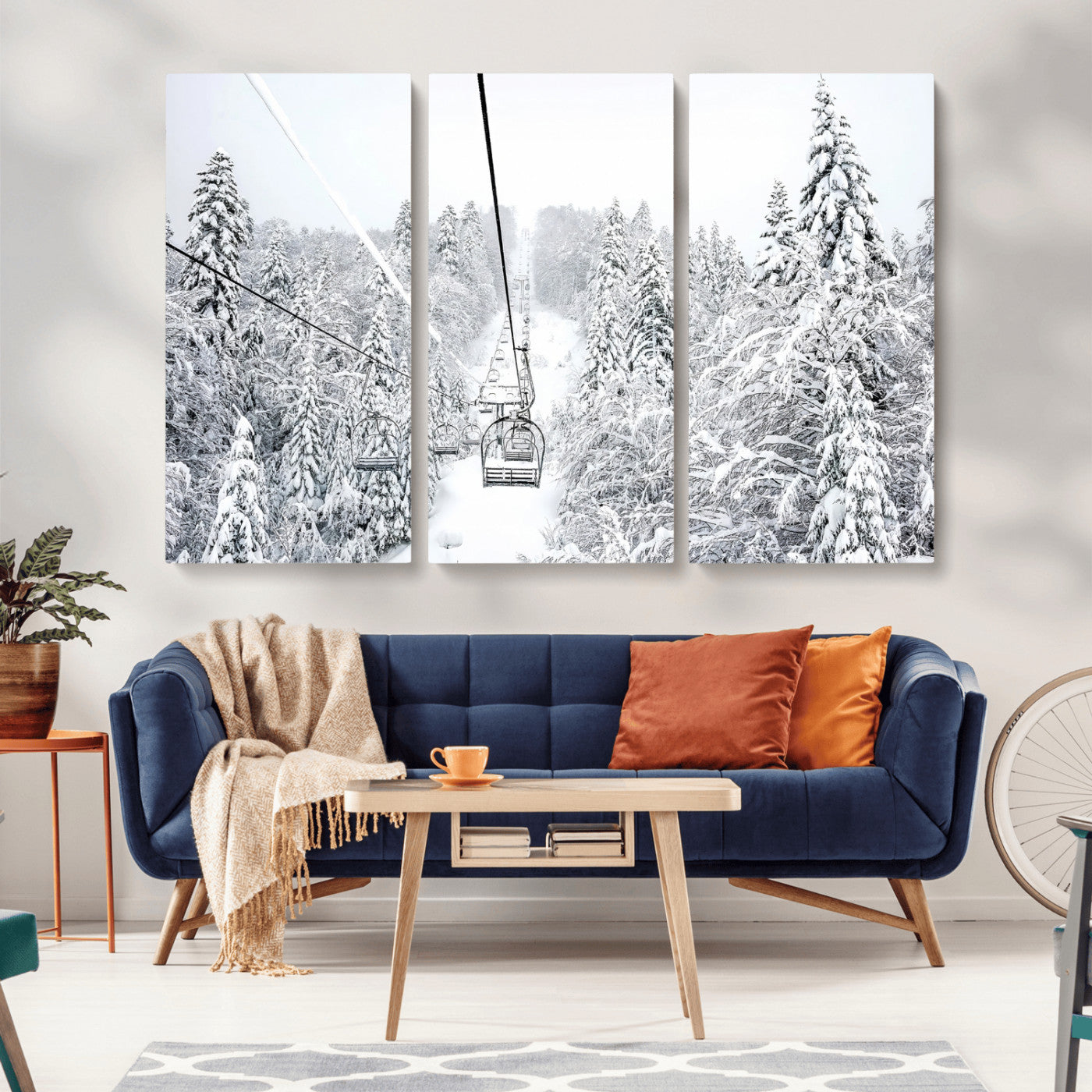 MGV-CV-48X32-3P - Snowy Mountains Wall Art Canvas Print, Framed Ski Lift Art Picture Print, Winter Forest Perfect