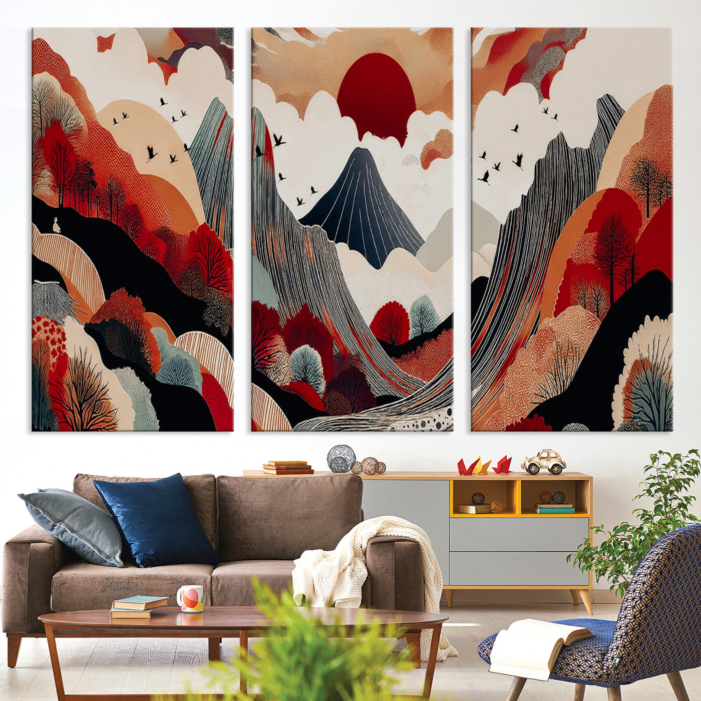 Abstract Mountain Wall Art Canvas Print, Framed Vibrant Landscape Art Picture Print, Stylized Nature Drawing Perfect Contemporary Minimalist