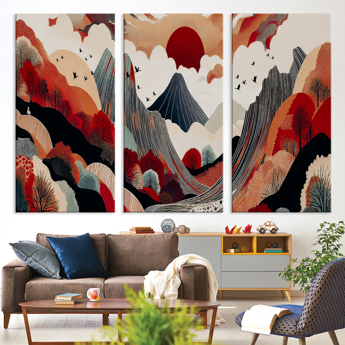 Abstract nature illustration with a red sun, mountains, and vibrant landscapes in graphic style, perfect for contemporary minimalist home decor. Ideal for modern spaces.