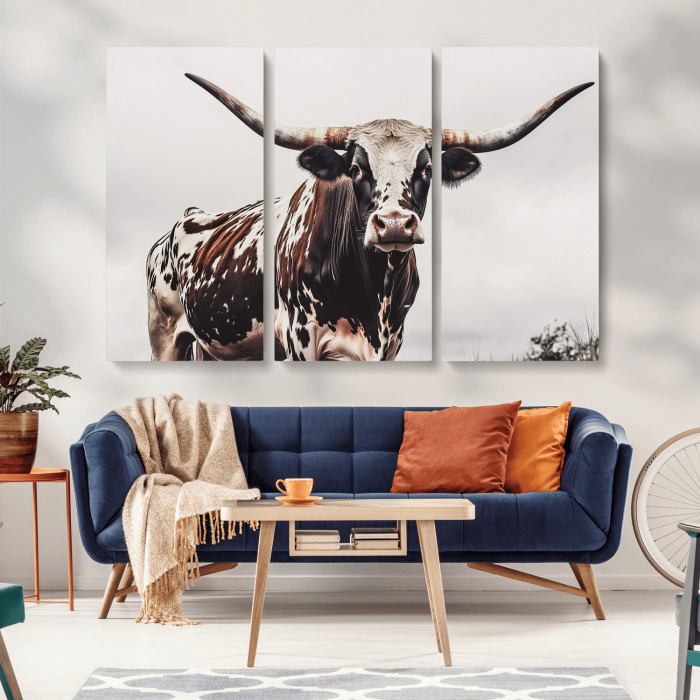 Close-up of a Texas Longhorn bull with powerful horns, perfect for rustic farmhouse or country-themed home decor. Ideal for animal lovers.