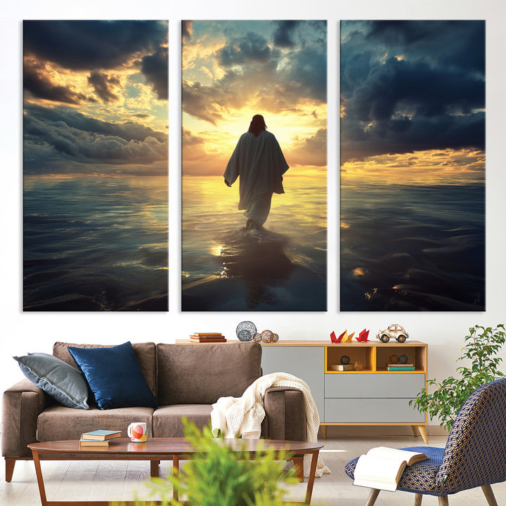 Jesus Walks Wall Art Canvas Print, Framed Divine Sunset Art Picture Print, Spiritual Light Perfect Spiritual Tranquil Decor Artwork