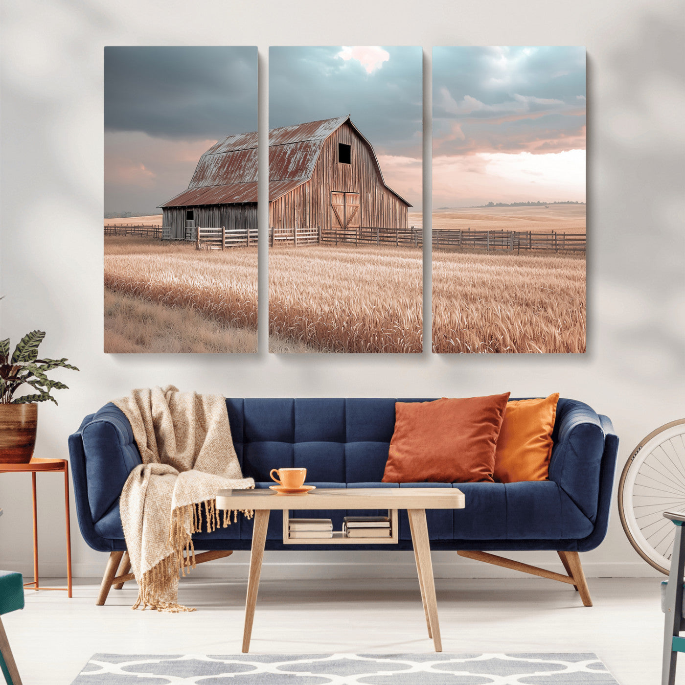 MGV-CV-48X32-3P - Rustic Barn Wall Art Canvas Print, Framed Wheat Field Art Picture Print, Sunset Barn Perfect Vintage Farmhouse Decor Artwork