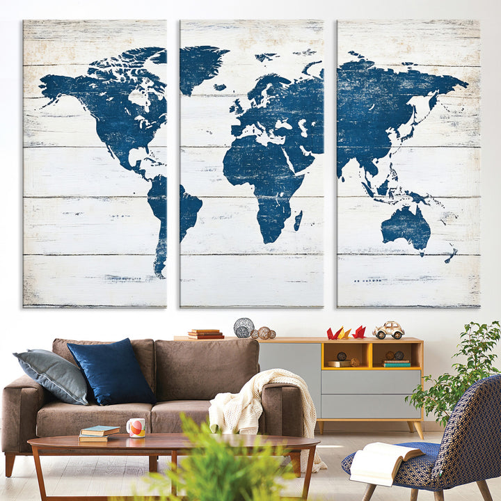 Rustic world map with blue continents on distressed wooden planks, perfect for coastal, explorer, or vintage-style wall decor.