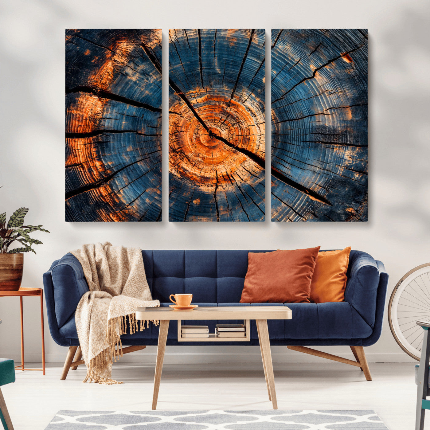 MGV-CV-48X32-3P - Burnt Wood Wall Art Canvas Print, Framed Aged Timber Art Picture Print, Rustic Tree Slice Perfect Rustic Decor Artwork