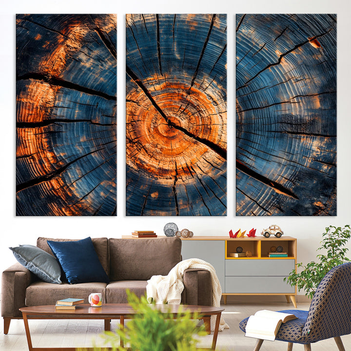 Burnt Wood Wall Art Canvas Print, Aged Timber Print, Framed Rustic Tree Slice Art Print, Large Organic Texture Printing Perfect for Rustic Decor