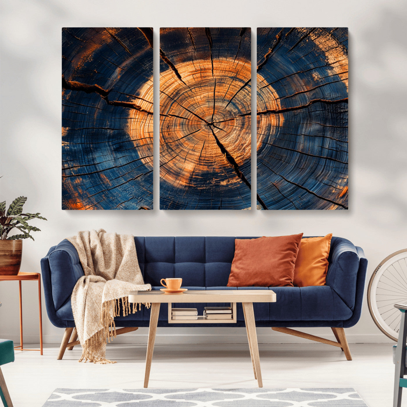MGV-CV-48X32-3P - Burnt Wood Wall Art Canvas Print, Framed Aged Timber Art Picture Print, Rustic Tree Slice Perfect Rustic Decor Artwork