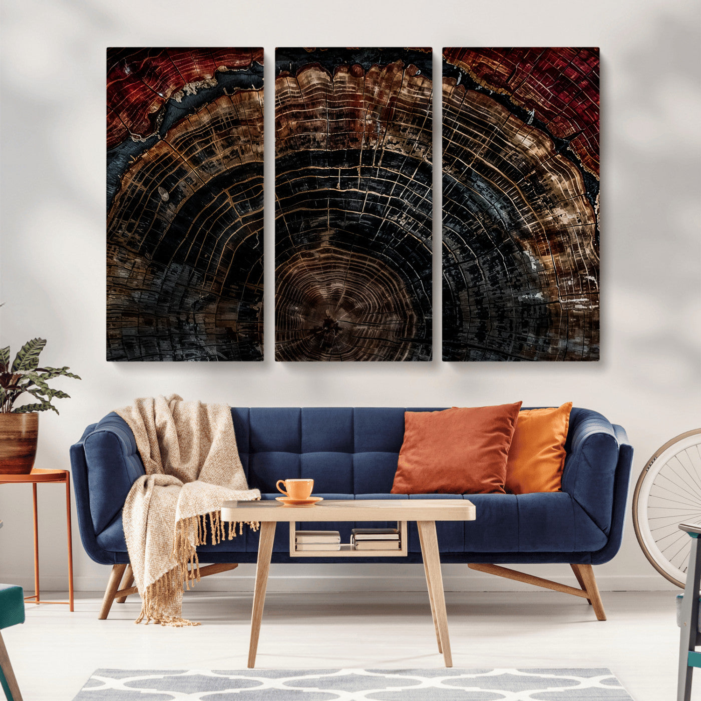 MGV-CV-48X32-3P - Dark Wood Ring Wall Art Canvas Print, Framed Abstract Wood Tree Art Picture Print, Rustic Tree Slice Perfect Rustic Decor Artwork