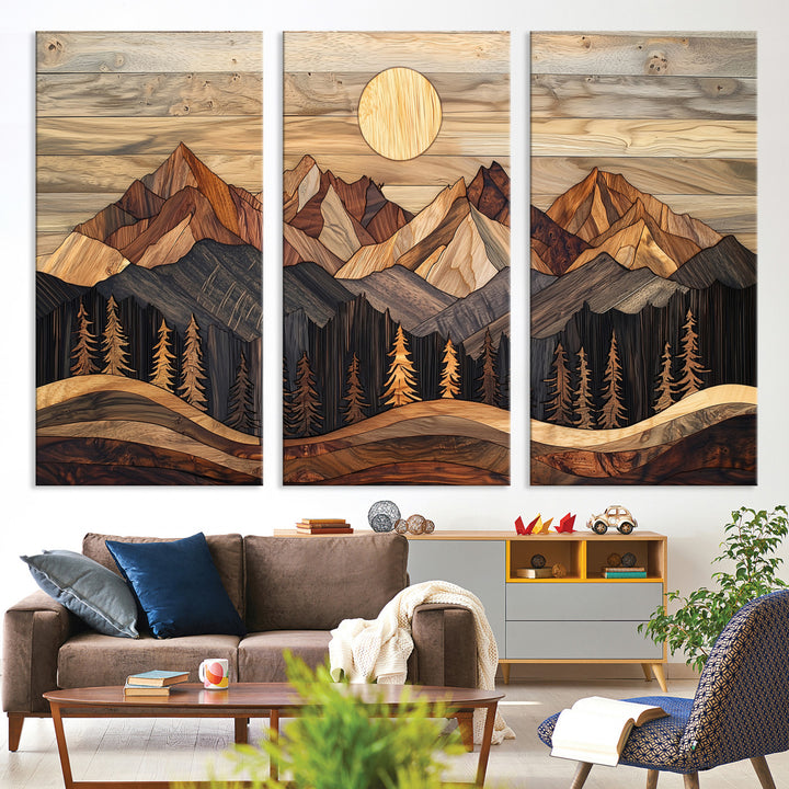 Wood Mountain Wall Art Canvas Print, Framed Boho Wood Art Print, Abstract Woodland Farmhouse Decor