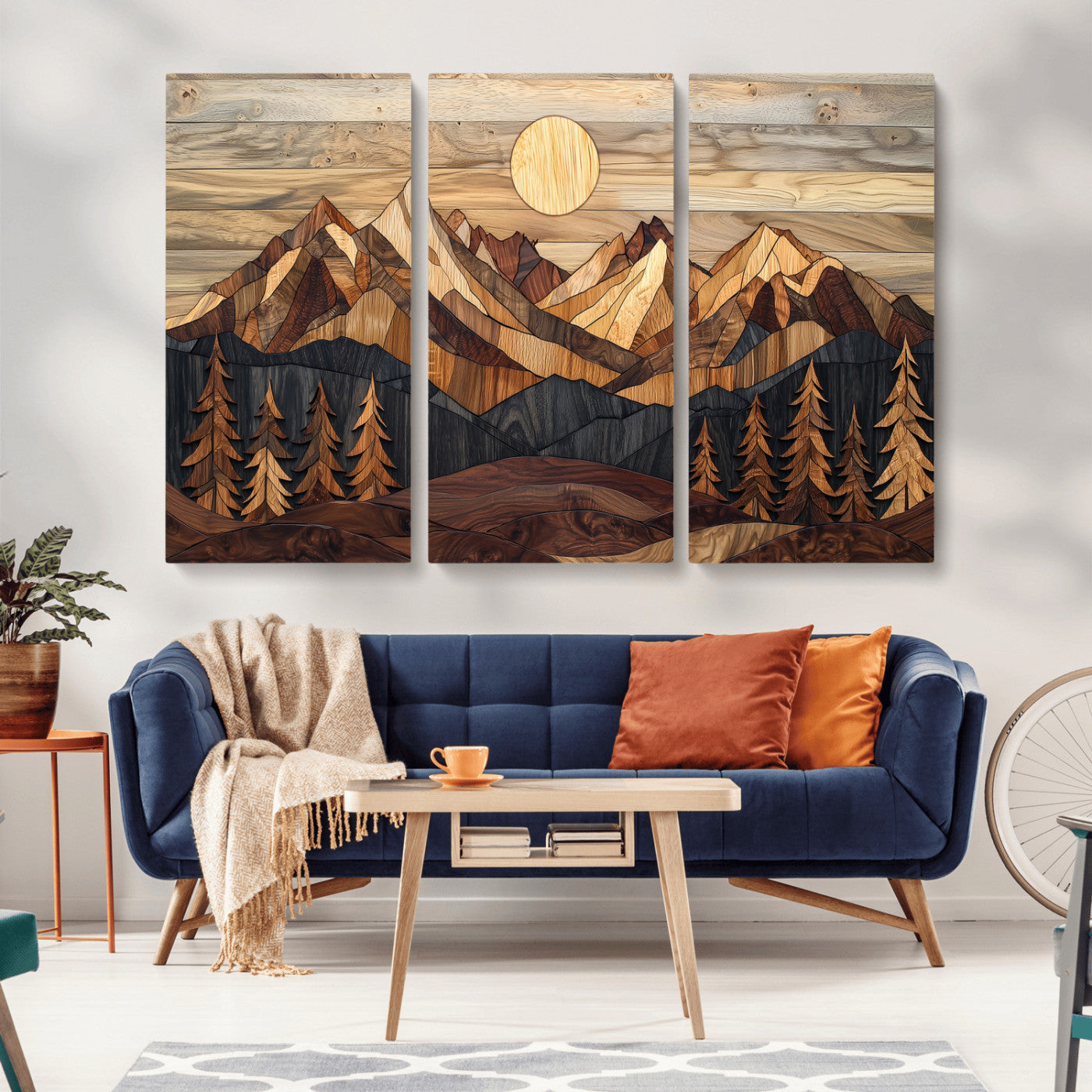 MGV-CV-48X32-3P - Wood Mountain Landscape Wall Art Canvas Print, Framed Sunset Hills Art Picture Print, Abstract Nature Perfect Boho Decor Artwork